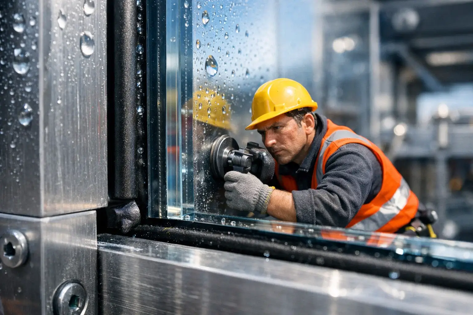 mini worker aligning facade glass panel close up