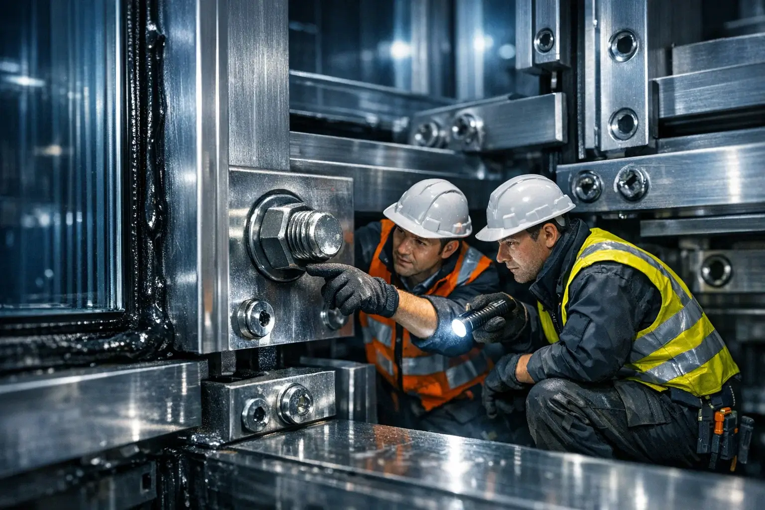 engineers discussing facade joint at night