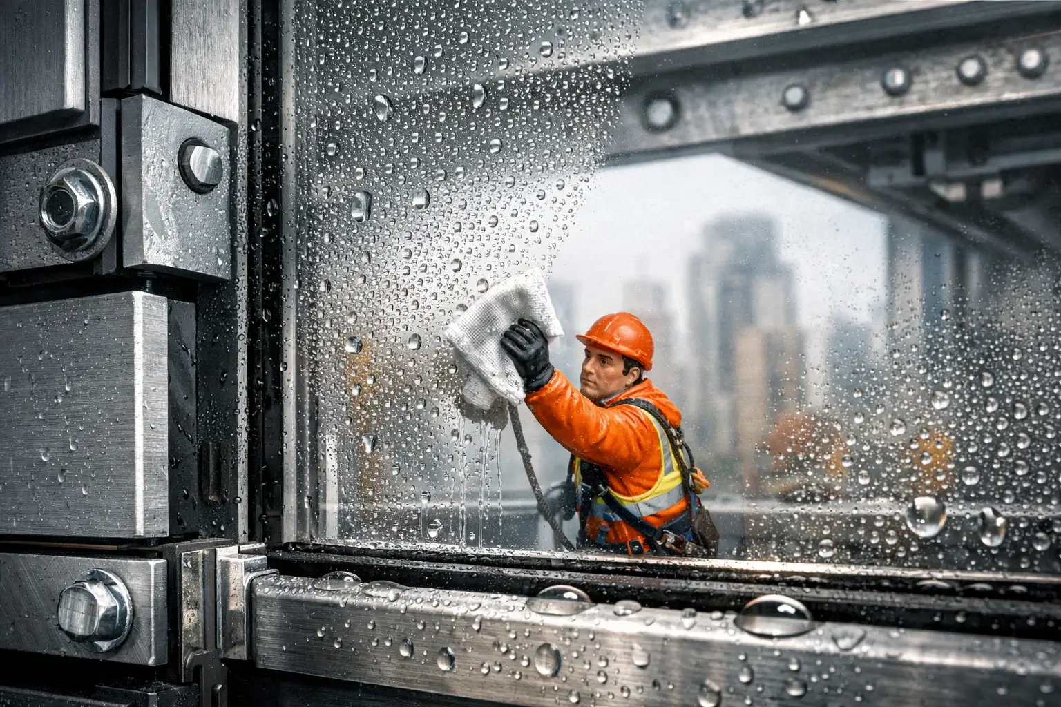 worker cleaning foggy glass surface close up