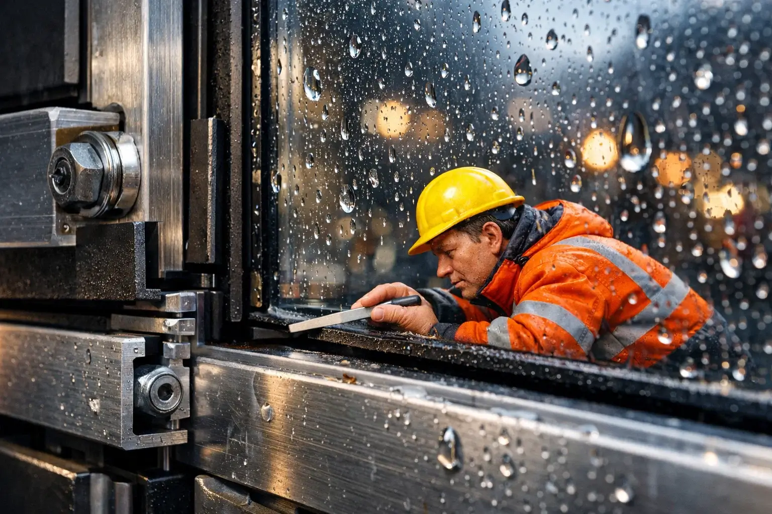 worker measuring gap in glass facade joint