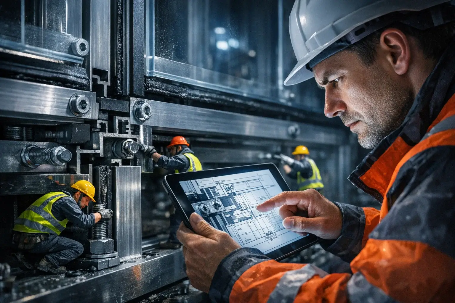 engineer checking facade design on tablet