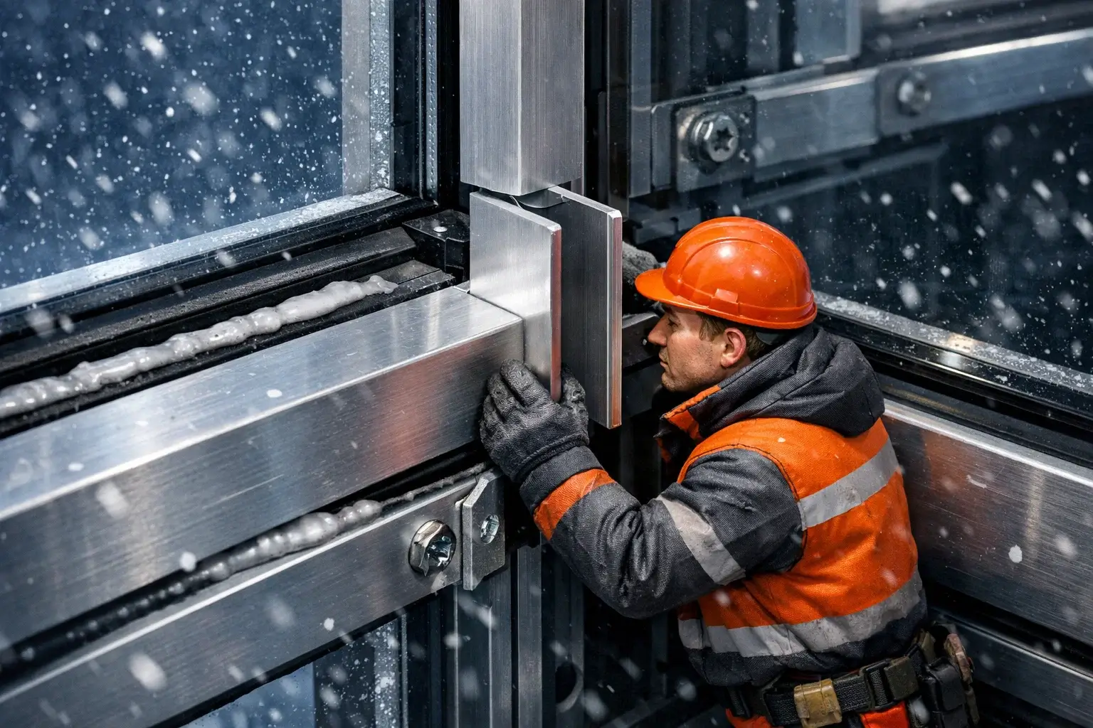 worker installing corner profile in facade joint