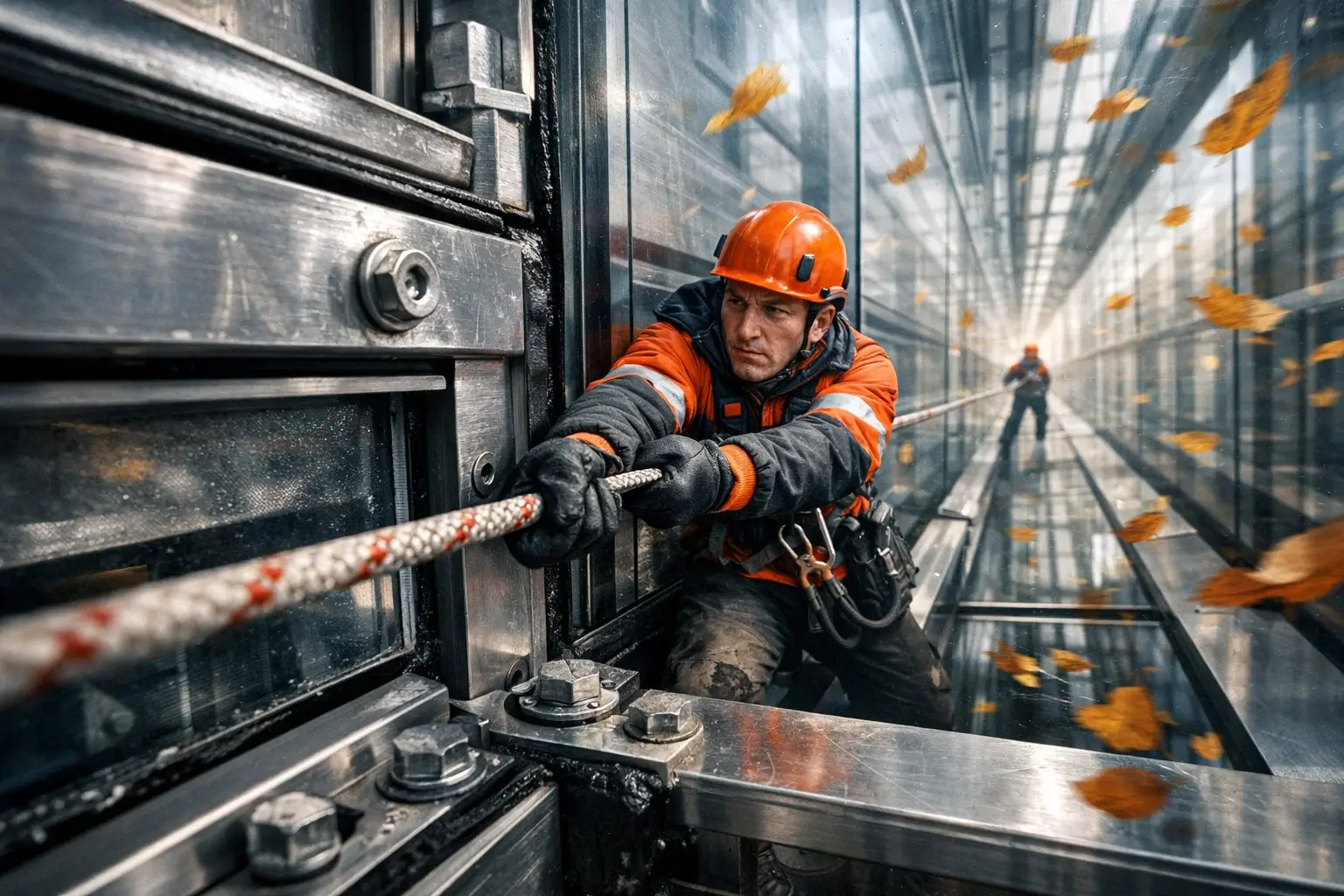 worker holding safety rope along glass facade