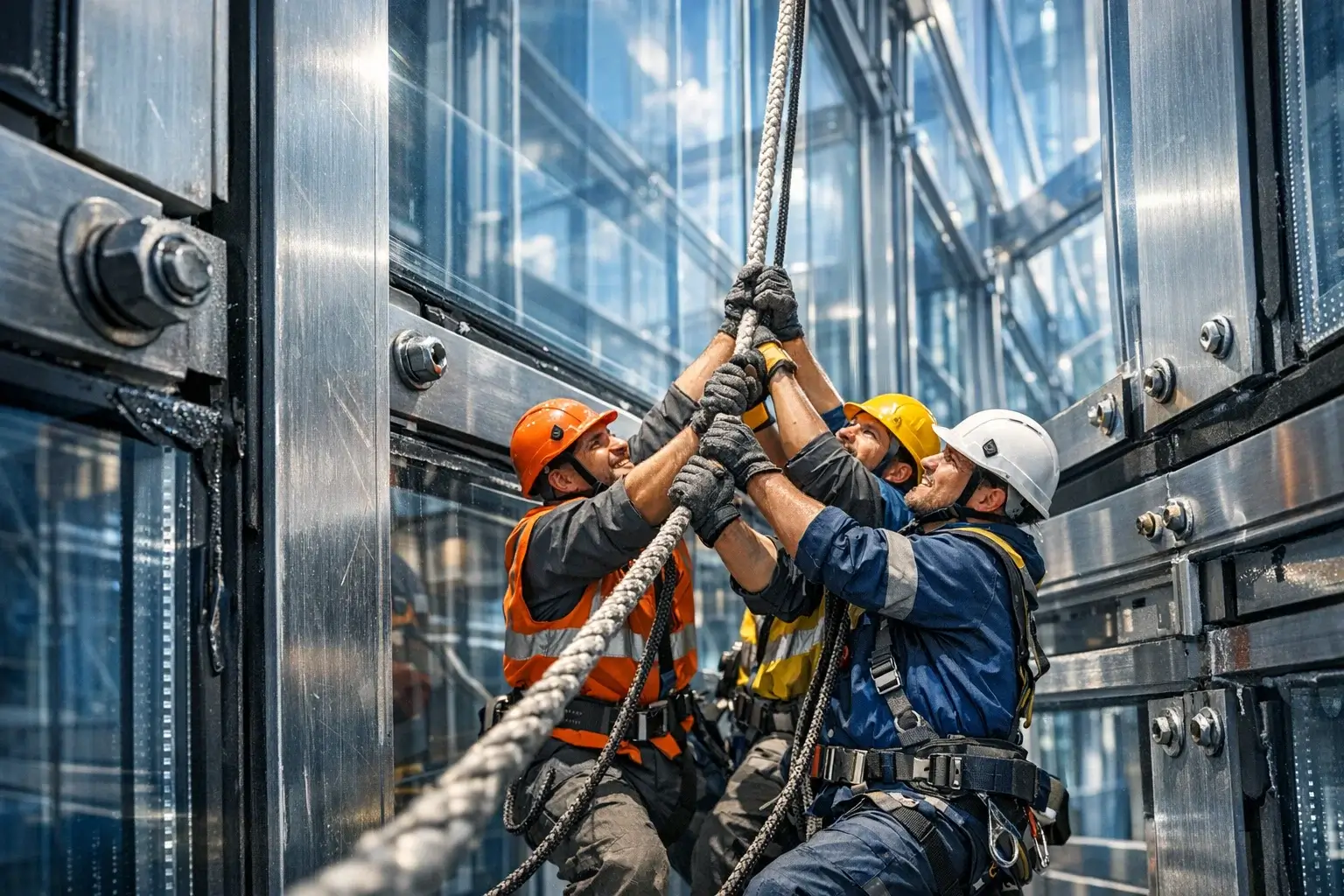 team pulling safety rope on glass facade