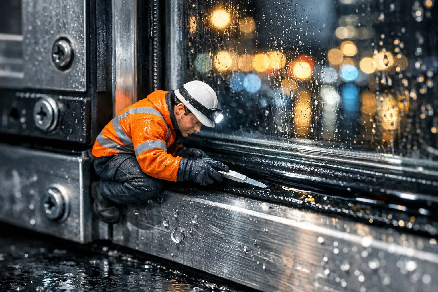 worker finishing sealant line on glass facade