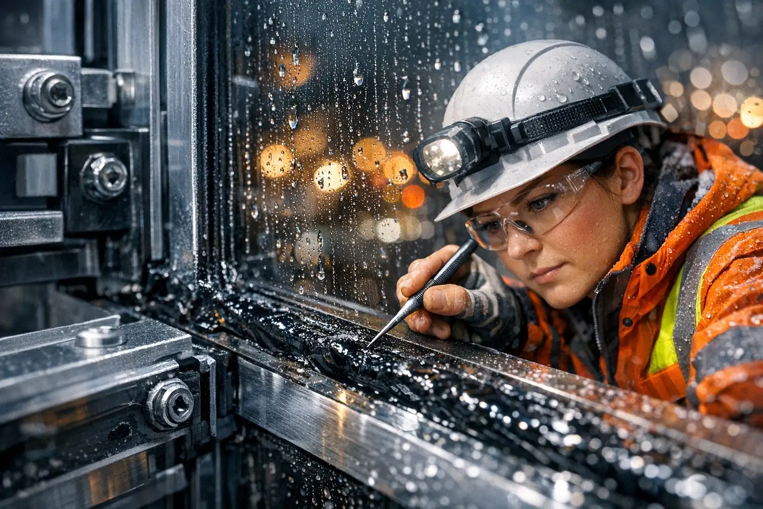 engineer checking sealant on glass joint