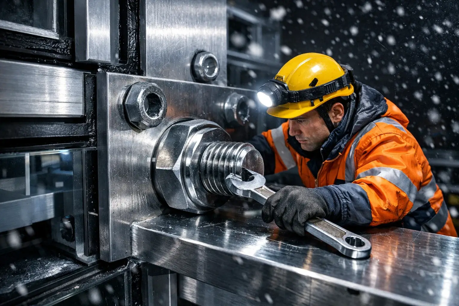 worker tightening bolt in facade joint at night