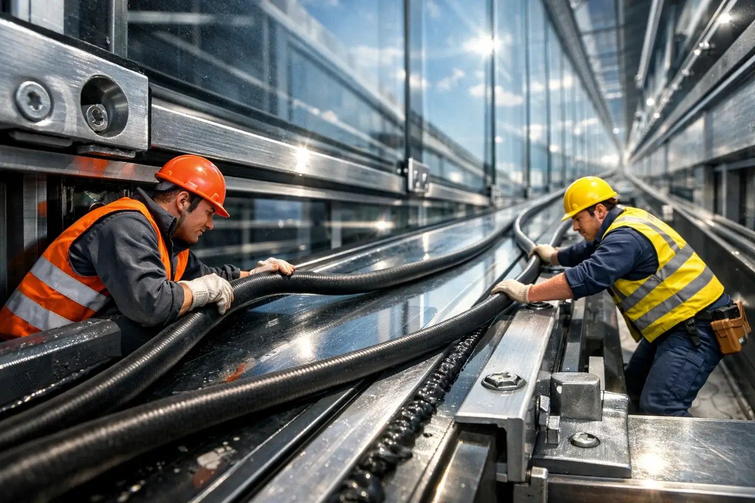 workers installing long seal on glass facade