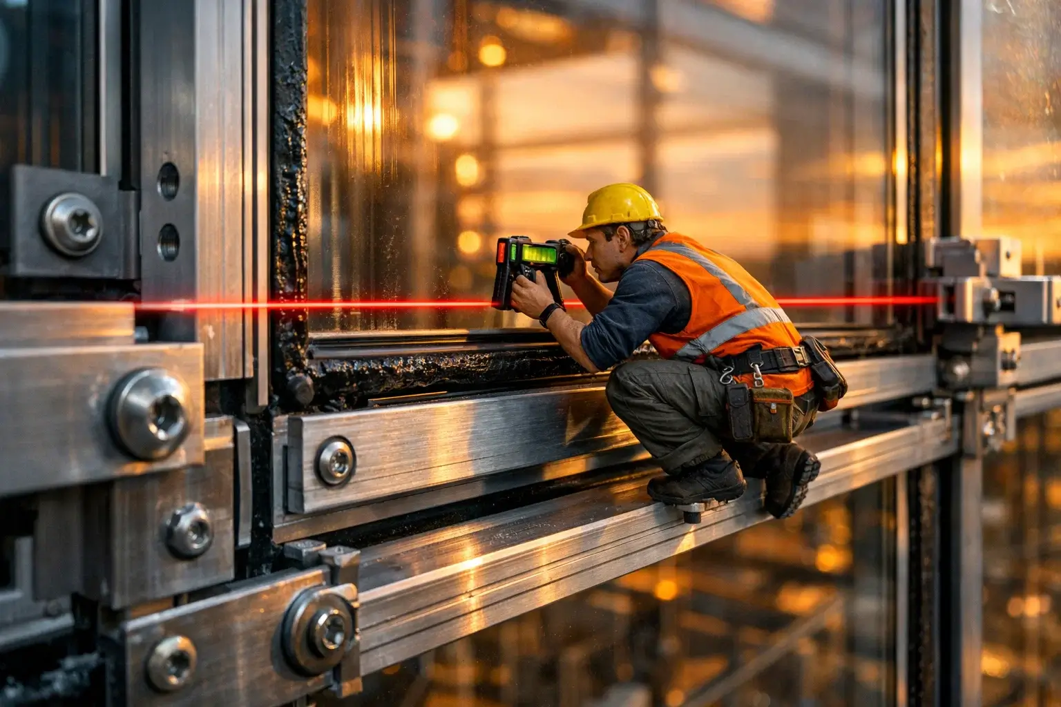 worker checking facade alignment with laser level