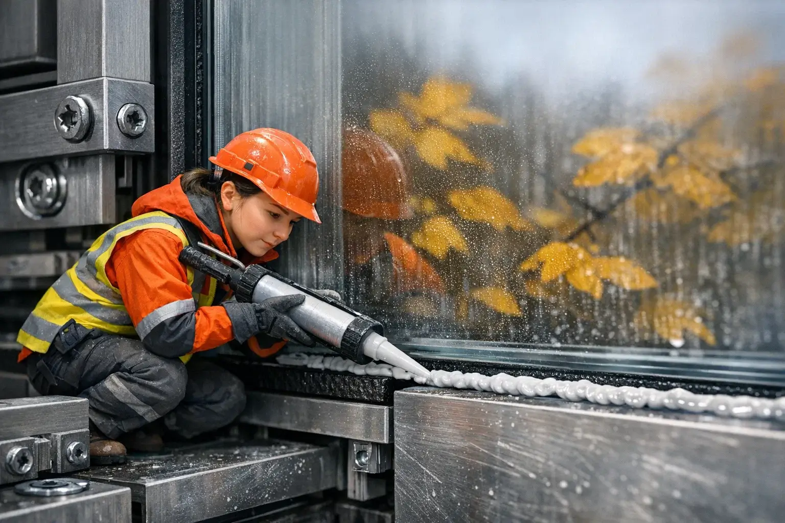 worker applying sealant between glass panels